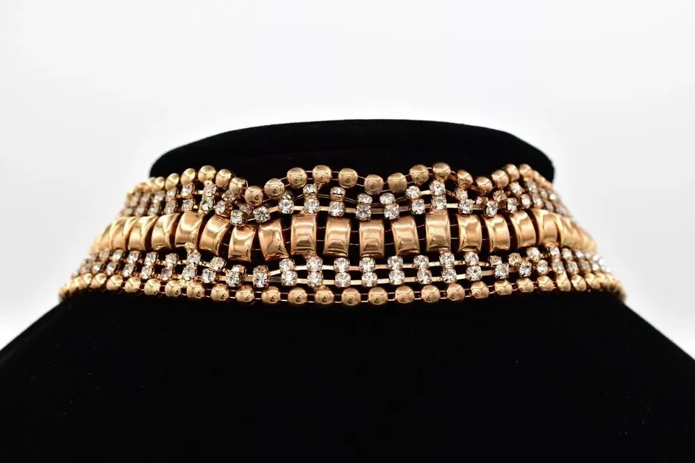 Vintage Crystal Choker Necklace Gold Tone Prong Rhinestone Chunky 1990s BinA17